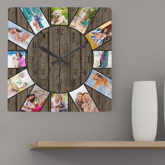 Personalized 12 Photo Collage Rustic Dark Wood Square Wall Clock (Photo clock with 12 photos, one at each hour. Great design for your home or a thoughtful photo gift.)