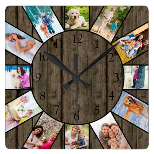 Personalized 12 Photo Collage Rustic Dark Wood Square Wall Clock