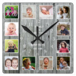 Personalized 12 Photo Collage Rustic Gray Wood Square Wall Clock Personalized 12 Photo Collage Rustic Gray Wood Square Wall Clock
