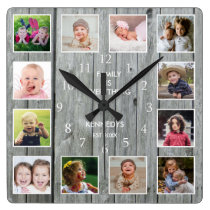 Personalized 12 Photo Collage Rustic Gray Wood Square Wall Clock Personalized 12 Photo Collage Rustic Gray Wood Square Wall Clock