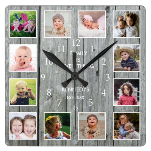 Personalized 12 Photo Collage Rustic Gray Wood Square Wall Clock