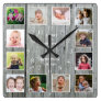 Personalized 12 Photo Collage Rustic Gray Wood Square Wall Clock