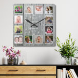 Personalized 12 Photo Collage Rustic Gray Wood Square Wall Clock<br><div class="desc">Create your own photo collage wall clock with 12 of your favorite pictures. NOTE: Please upload your photos after cropping them to a square size . This will help you avoid cutting off face in the corners . The photo frame clock helps you treasure your special moments and also makes...</div>