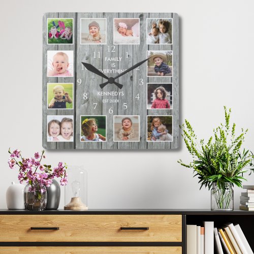 Personalized 12 Photo Collage Rustic Gray Wood Square Wall Clock