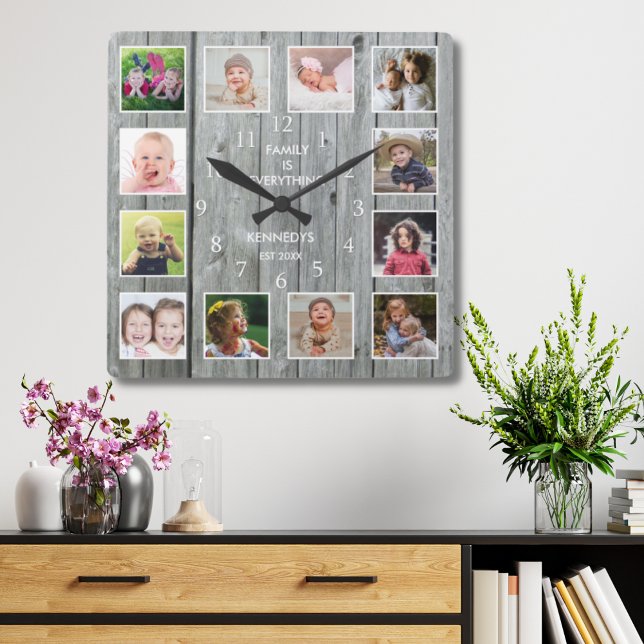Personalized 12 Photo Collage Rustic Gray Wood Square Wall Clock (Creator Uploaded)