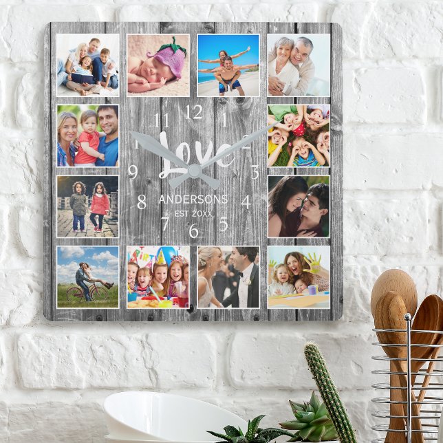 Personalized 12 Photo Collage Rustic Gray Wood Square Wall Clock (Creator Uploaded)