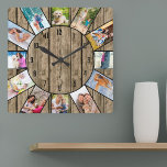 Personalized 12 Photo Collage Rustic Natural Wood Square Wall Clock<br><div class="desc">Create your own unique wall clock with 12 of your favorite photos. The photo template is set up ready for you to add your pictures working clockwise from the top. This attractive, natural wood look design has black numbers and will look great with modern, rustic and farmhouse decor. For this...</div>