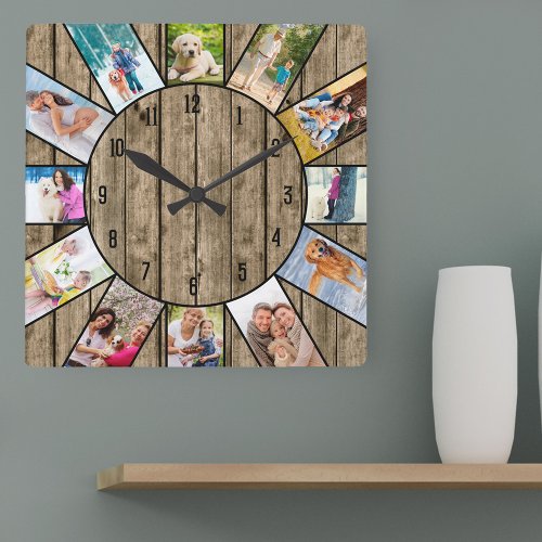 Personalized 12 Photo Collage Rustic Natural Wood Square Wall Clock