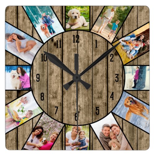 Personalized 12 Photo Collage Rustic Natural Wood Square Wall Clock