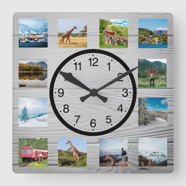 Personalized 12 Photo Collage Rustic Nature Square Wall Clock (Front)