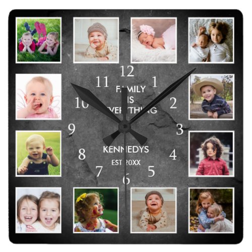 Personalized 12 Photo Collage Rustic Slate Stone Square Wall Clock