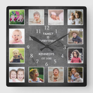 Personalized 12 Photo Collage Rustic Slate Stone Square Wall Clock