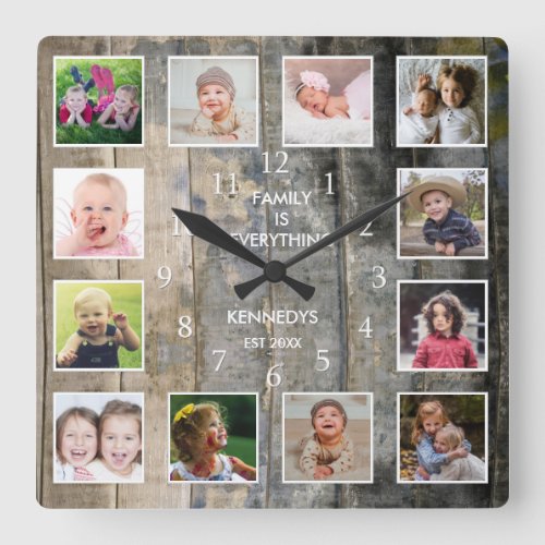 Personalized 12 Photo Collage Rustic Stained Wood  Square Wall Clock