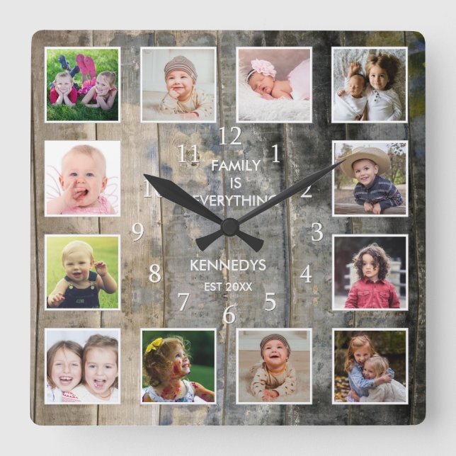 Personalized 12 Photo Collage Rustic Stained Wood  Square Wall Clock (Front)