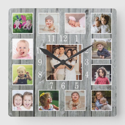 Personalized 13 Photo Collage Rustic Gray Wood   Square Wall Clock