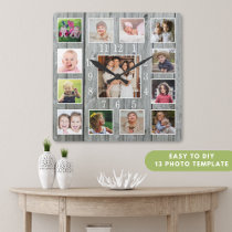 Personalized 13 Photo Collage Rustic Gray Wood   Square Wall Clock