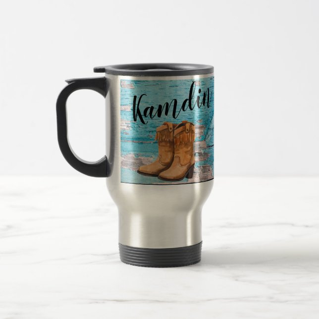 Personalized 15 ounce coffee mug Blue Wood Barn Do (Left)