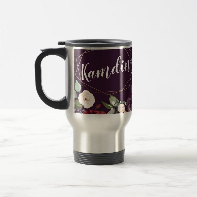 Personalized 15 ounce coffee mug Plum Purple Roses (Left)