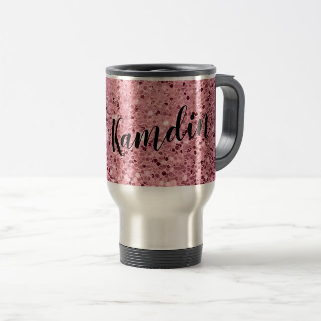 Personalized 15 ounce coffee mug Rose Gold Glitter (Front Right)