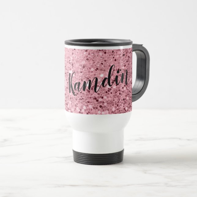 Personalized 15 ounce coffee mug Rose Gold Glitter (Front Right)