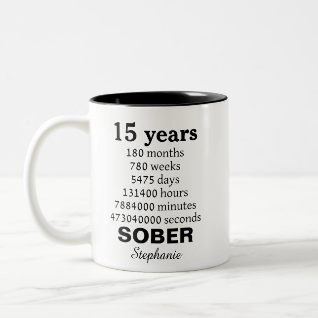 Personalized 15 Years Sober Recovery Celebration Two-Tone Coffee Mug (Left)