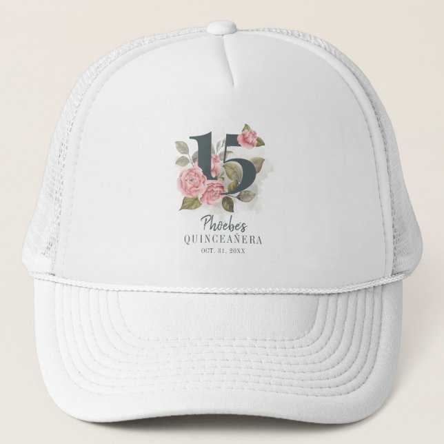 Personalized 15th Birthday Quinceanera Floral Trucker Hat (Front)