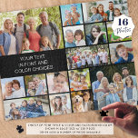 Personalized 16 Photo Collage Custom Color Jigsaw Puzzle<br><div class="desc">Create a photo memory puzzle utilizing this easy-to-upload photo collage template with 16 pictures in various shapes and sizes and personalized with your custom text in your choice of text font styles, color, size and placement and background color (shown in white on black). ASSISTANCE: For help with design modification or...</div>