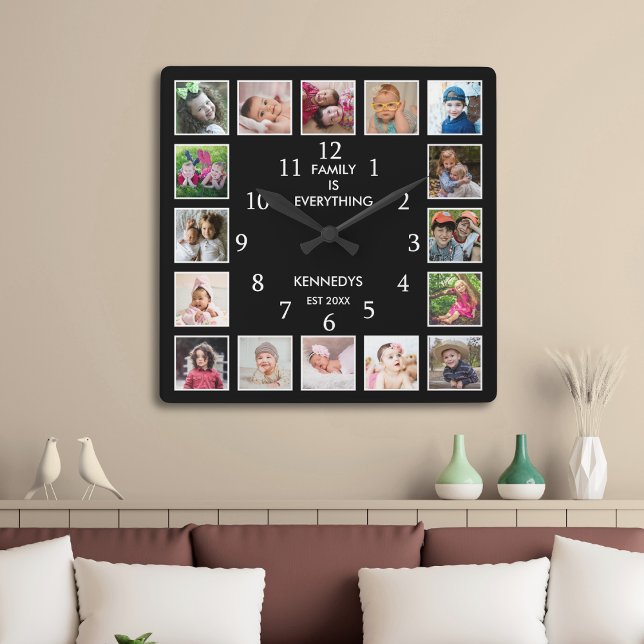 Personalized 16 Photo Collage Family Quote Black Square Wall Clock (Creator Uploaded)