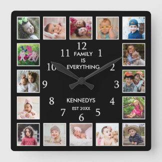 Personalized 16 Photo Collage Family Quote Black Square Wall Clock
