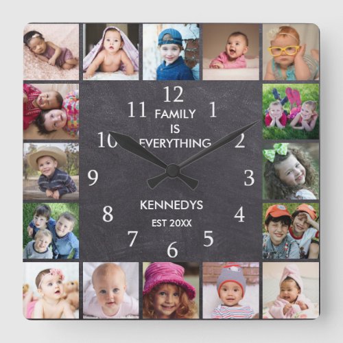 Personalized 16 Photo Collage Frame Chalkboard Square Wall Clock