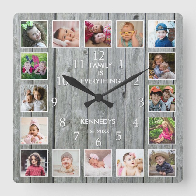 Personalized 16 Photo Collage Quote Gray Wood Square Wall Clock (Front)