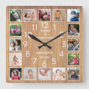 Personalized 16 Photo Collage Quote Rustic Wood   Square Wall Clock