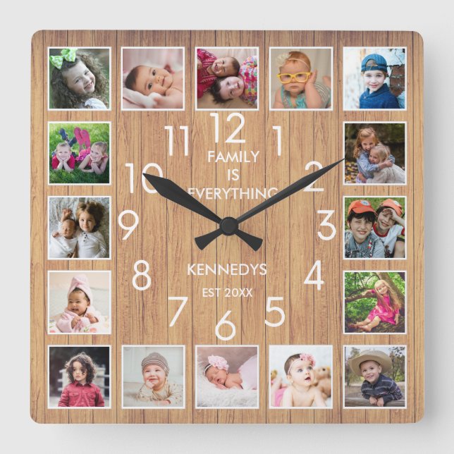 Personalized 16 Photo Collage Quote Rustic Wood   Square Wall Clock (Front)