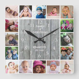 Personalized 16 Photo Collage Rustic Gray Wood Square Wall Clock