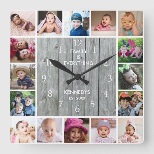 Personalized 16 Photo Collage Rustic Gray Wood Square Wall Clock