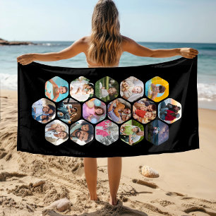 Personalized 16 Photo Hexagon Collage Beach Towel
