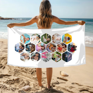 Personalized 16 Photo White Hexagon Collage Beach Towel