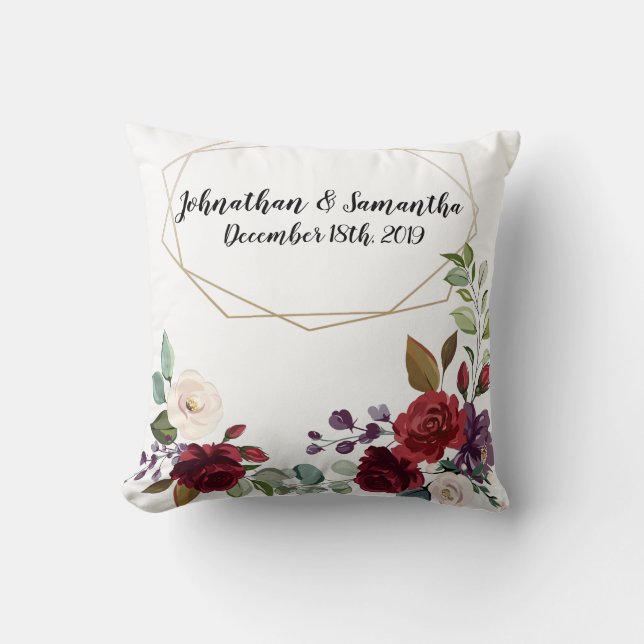 Personalized 16"x16" Throw White Roses Gold Geomet Pillow (Front)