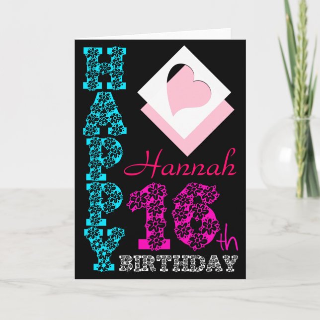 Personalized 16th Birthday Girly Black Greeting C Card (Front)