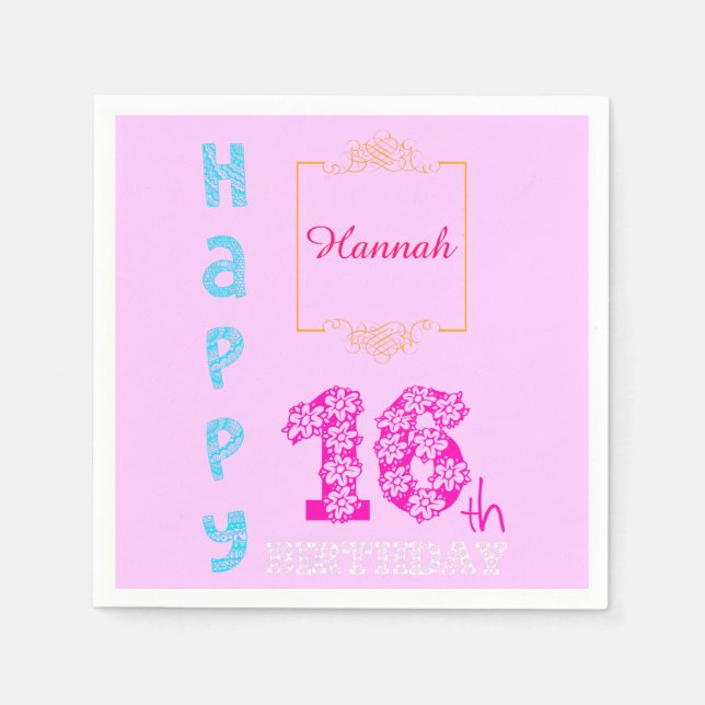 Personalized 16th Birthday Girly Paper Napkins 3 (Front)