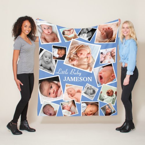 Personalized 17 Baby Photo Collage  Blue Fleece Blanket