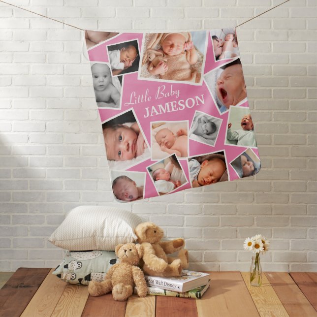 Personalized 17 Baby Photo Collage | Pink Baby Blanket (In Situ)