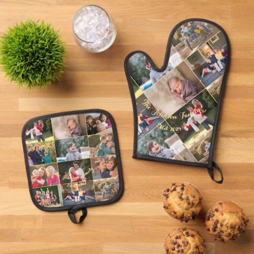 Personalized 17 Family Photo Collage Gold Monogram Oven Mitt  Pot Holder Set