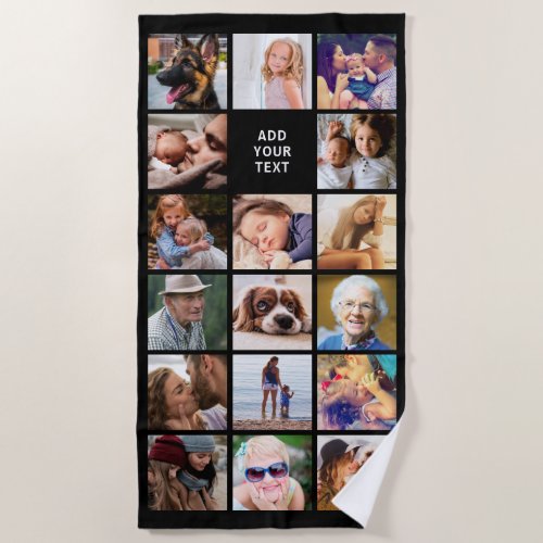 Personalized 17 Photo Collage Beach Towel - Personalized gift beach towel featuring a black background that can be changed to any color, 17 photos of your choice, and a simple text template.