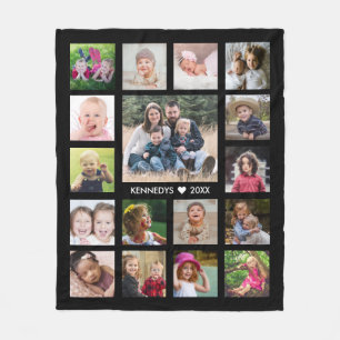 Personalized 17  Photo Collage Family Name Black   Fleece Blanket