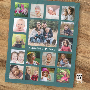 Personalized 17 Photo Collage Family Name Green Fleece Blanket