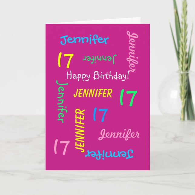 Personalized 17th Birthday Greeting Card, Hot Pink Card (Front)