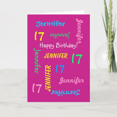 Personalized 17th Birthday Greeting Card Hot Pink Card
