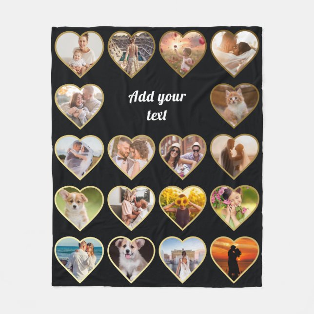 Personalized 18 Gold Heart Photo Collage Fleece Blanket (Front)