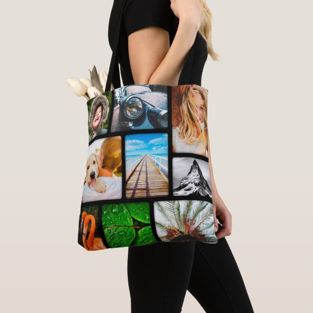 Personalized 18 Photo Collage Template Black Tote Bag (Close Up)